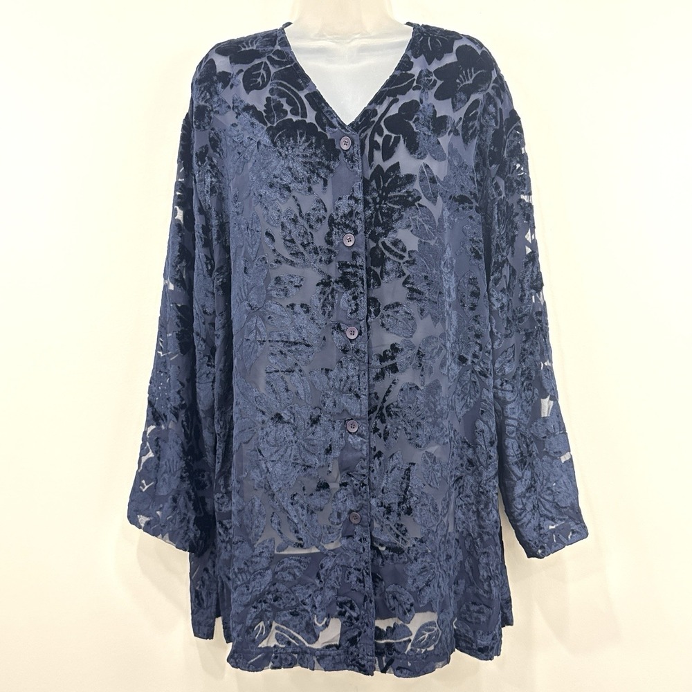 VTG 90s Carole Little Velvet Burnout Top 14 Navy Floral Whimsigoth Classic Event